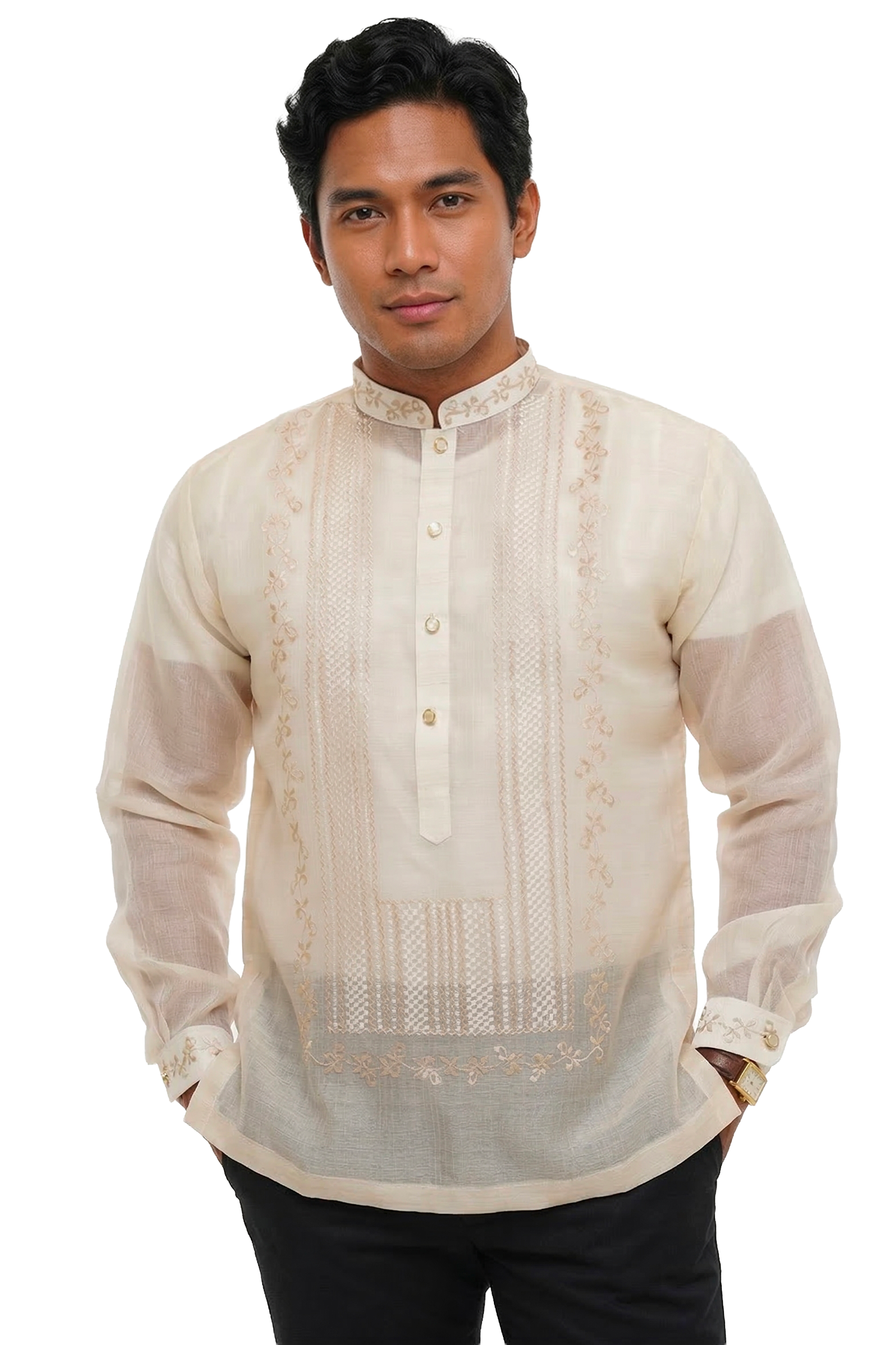 Groom wearing a premium Pina Cocoon Barong Tagalog at a Filipino wedding