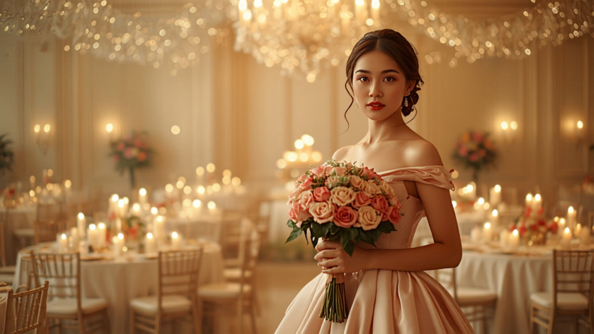 Filipina debutante in a modern Filipiniana ball gown holding eighteen roses at her 18th birthday debut
