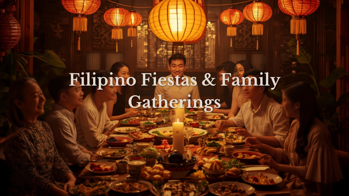 Multi-generational Filipino family in Barong Tagalog and Filipiniana attire gathered around a fiesta table under parol lanterns