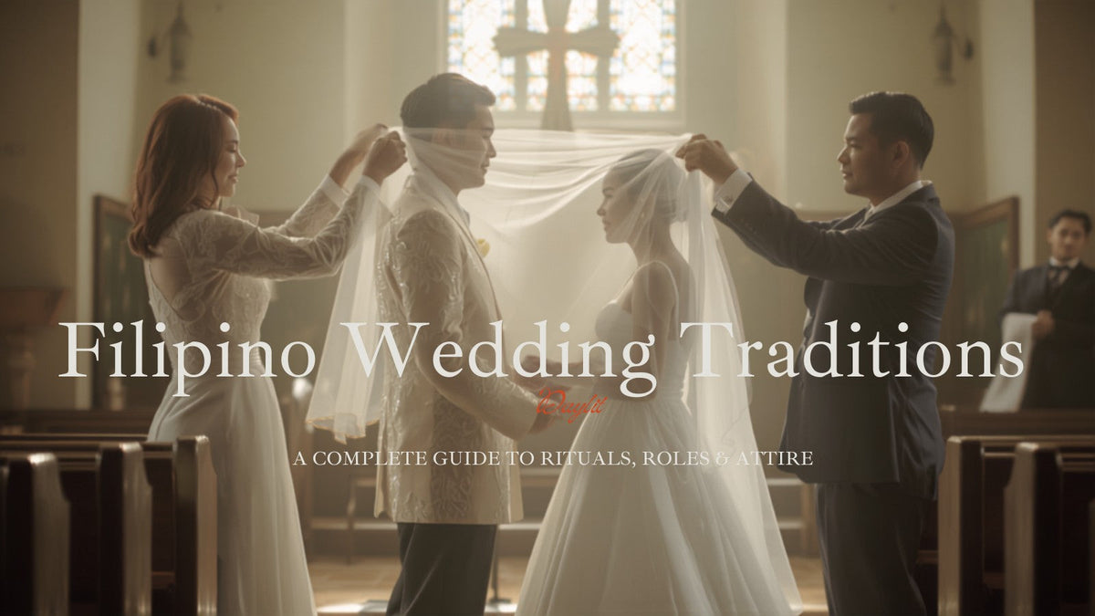 Filipino bride in a Filipiniana wedding gown and groom in an embroidered Barong Tagalog during the veil and cord ceremony