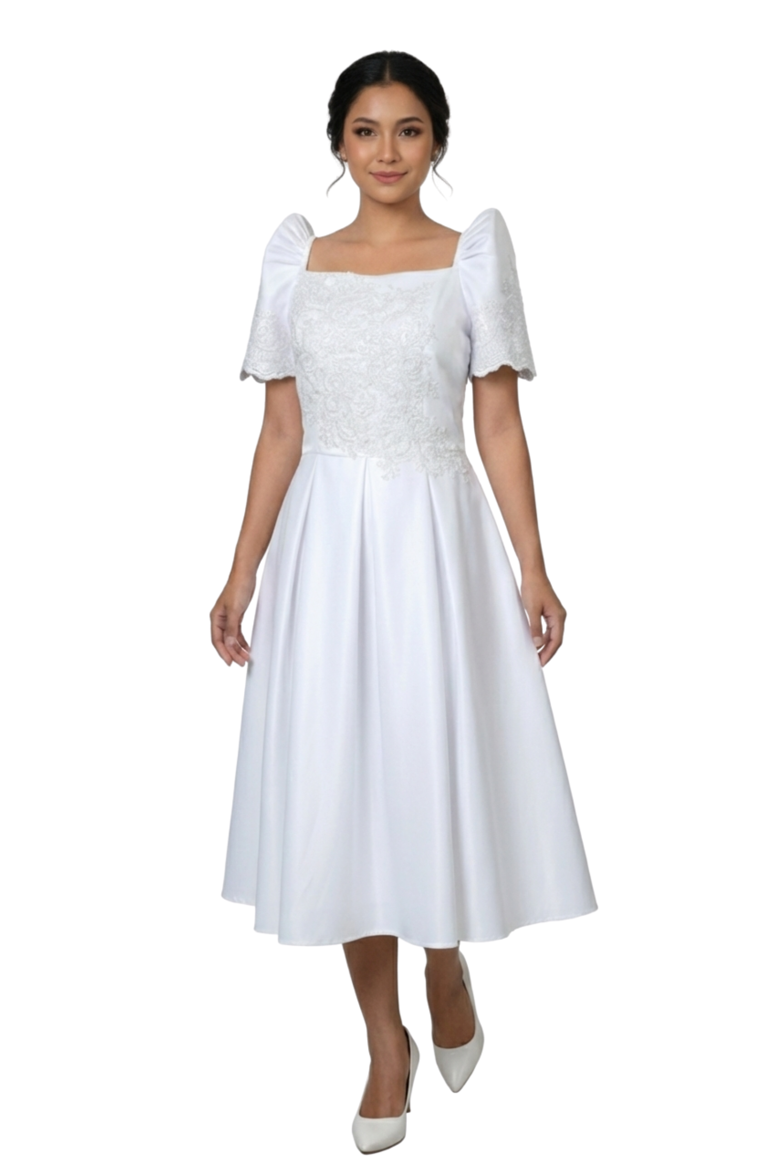 Duchess White Modern Filipiniana Midi Dress - Sally - JB301 Barong World Duchess White Modern Filipiniana Midi Dress - Sally - JB301 Barong World