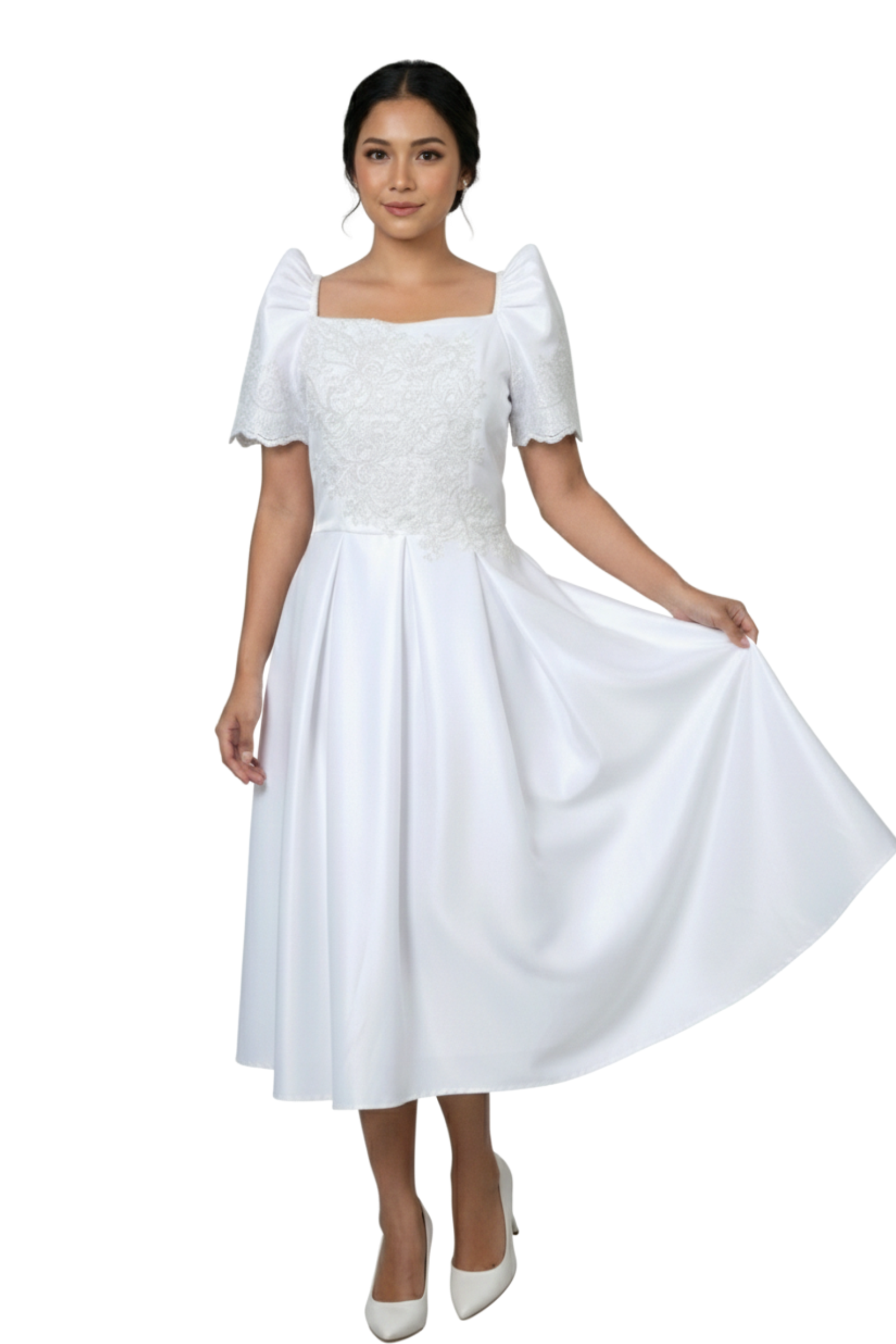 Duchess White Modern Filipiniana Midi Dress - Sally - JB301 Duchess White Modern Filipiniana Midi Dress - Sally - JB301
