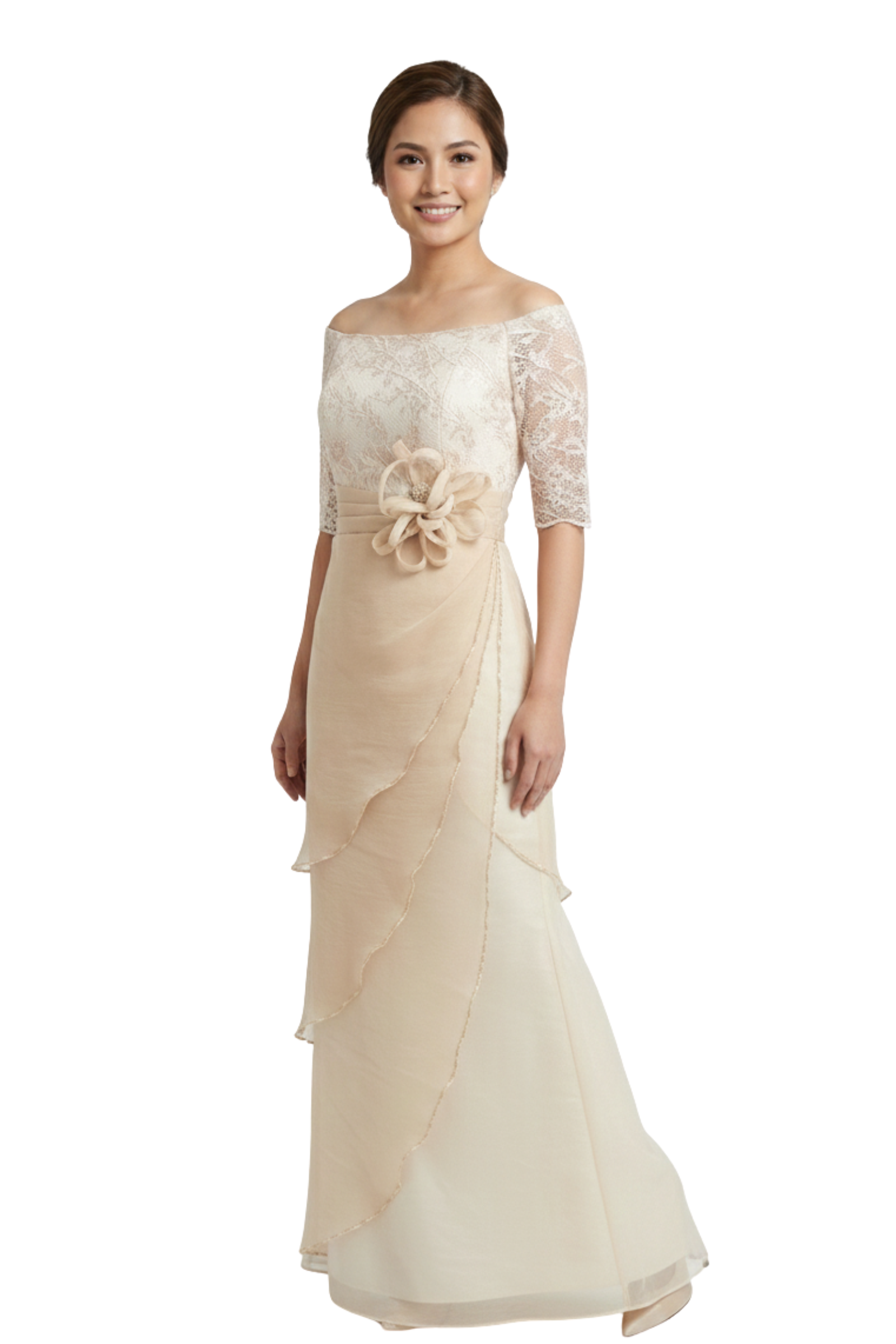 Full Lace Top Beige Modern Filipiniana Dress - Claudia - MR6 Full Lace Top Beige Modern Filipiniana Dress - Claudia - MR6