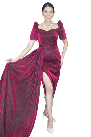 Elegant Burgundy Velvet Filipiniana Dress - Cornelia - JB802