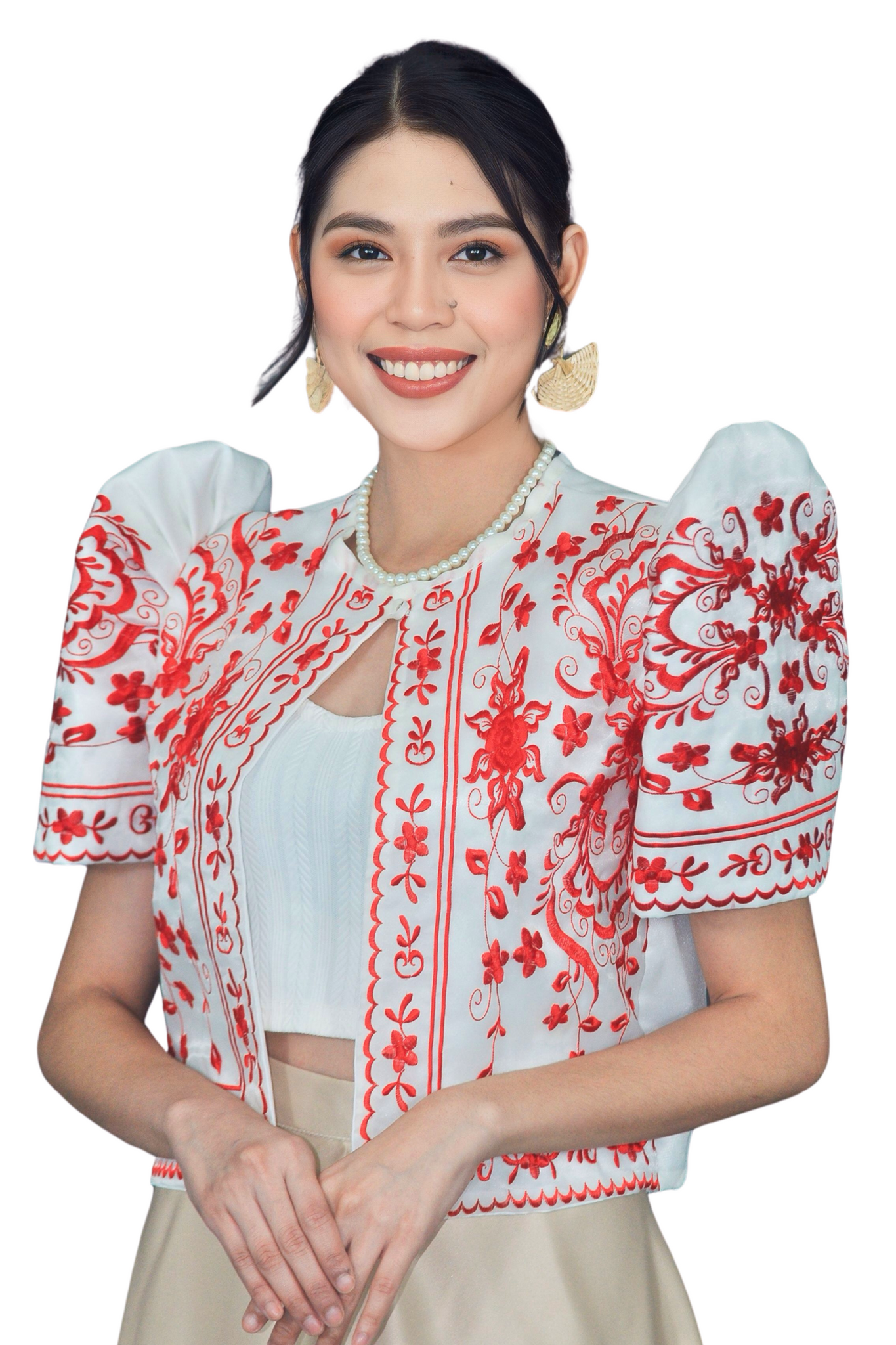 Elegant White Filipiniana Bolero with Floral Design - Dana- JS202