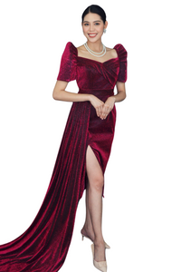 Elegant Burgundy Velvet Filipiniana Dress - Cornelia - JB802