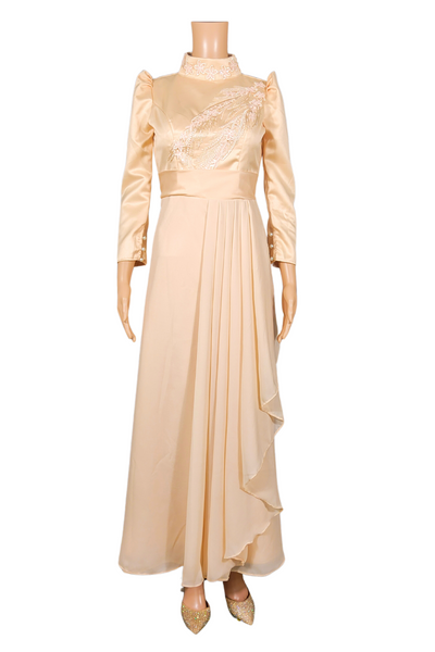 Elegant Long-Sleeve Filipiniana Dress with Flowing Pleats - Shyvana - JK50