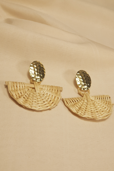 Handcrafted Woven Rattan Drop Earrings with Hammered Gold Accent - LZ006