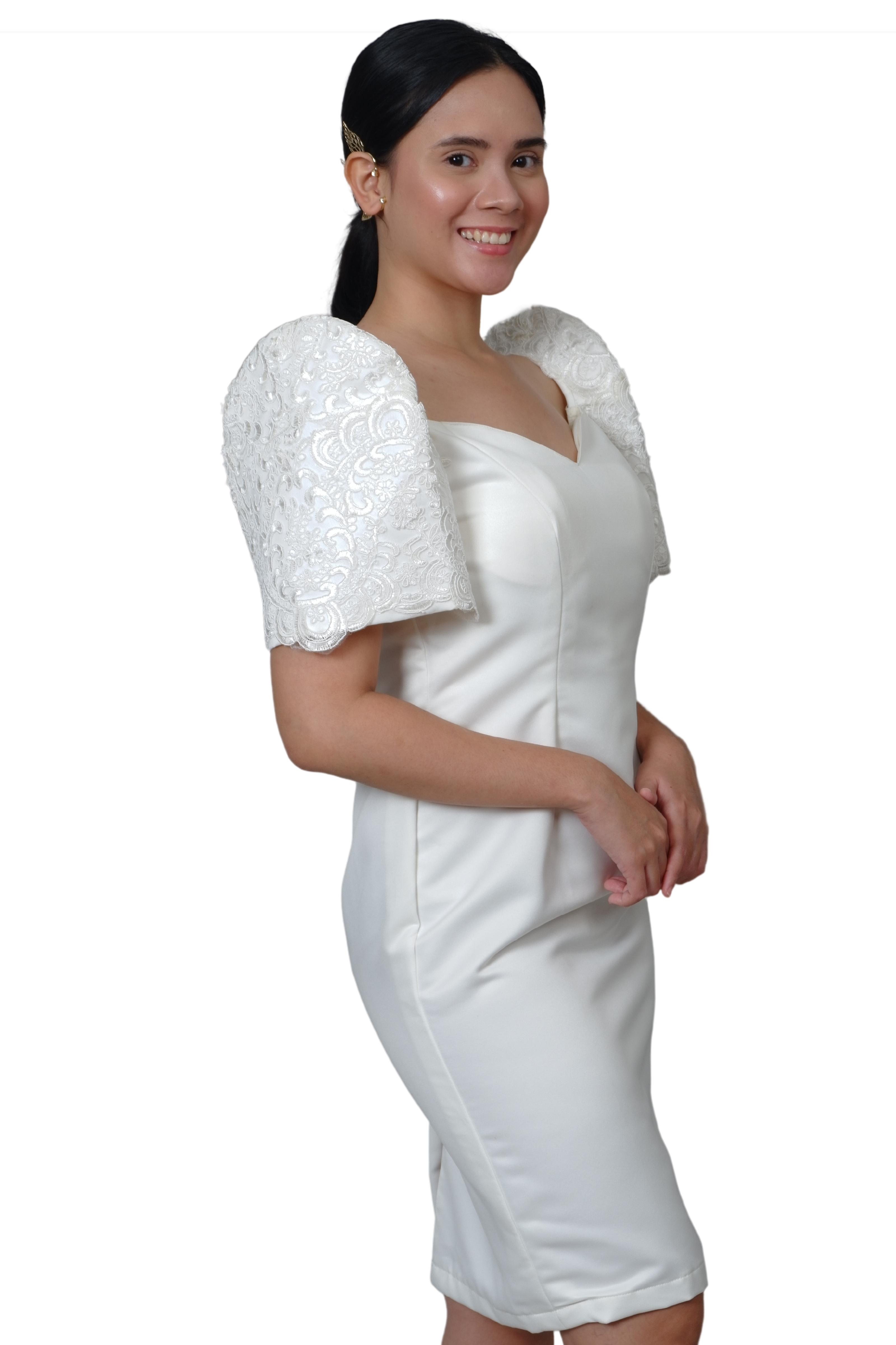 Sexy Duchess Satin Filipiniana Midi White Dress