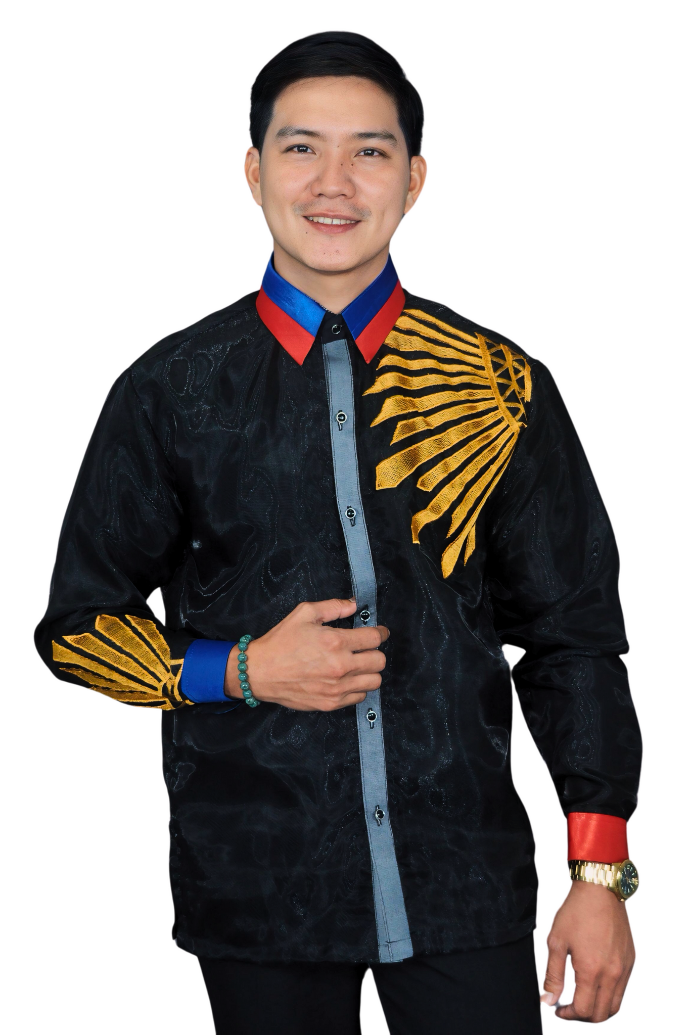 Patriotic Collar Embroidered "Sinag" Black Barong Tagalog - Robin - JK46