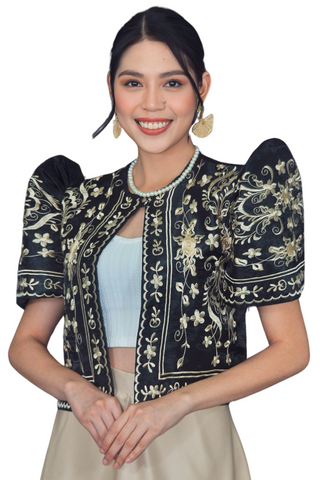 Elegant Black Filipiniana Bolero with Floral Design - Mari - JS201