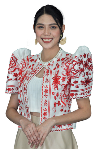 Elegant White Filipiniana Bolero with Floral Design - Dana- JS202