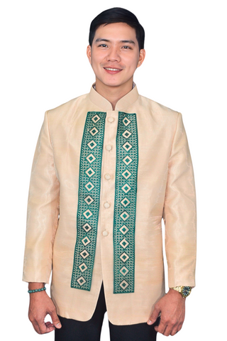 Classic Filipino Barong Tagalog in Light Cream with Unique Green Detailing - Ron - JK47