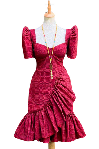 Handwoven Red Kundiman Pinilian Filipiniana Dress - Kyla DM07