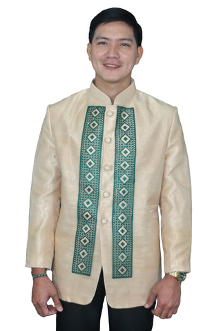 Classic Filipino Barong Tagalog in Light Cream with Unique Green Detailing - Ron - JK47