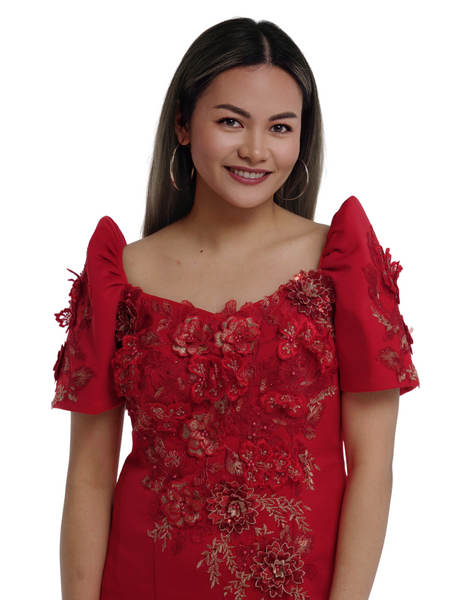 Neoprene Red Premium Mestiza Filipiniana Long Gown - Rosa - Size Large CL450