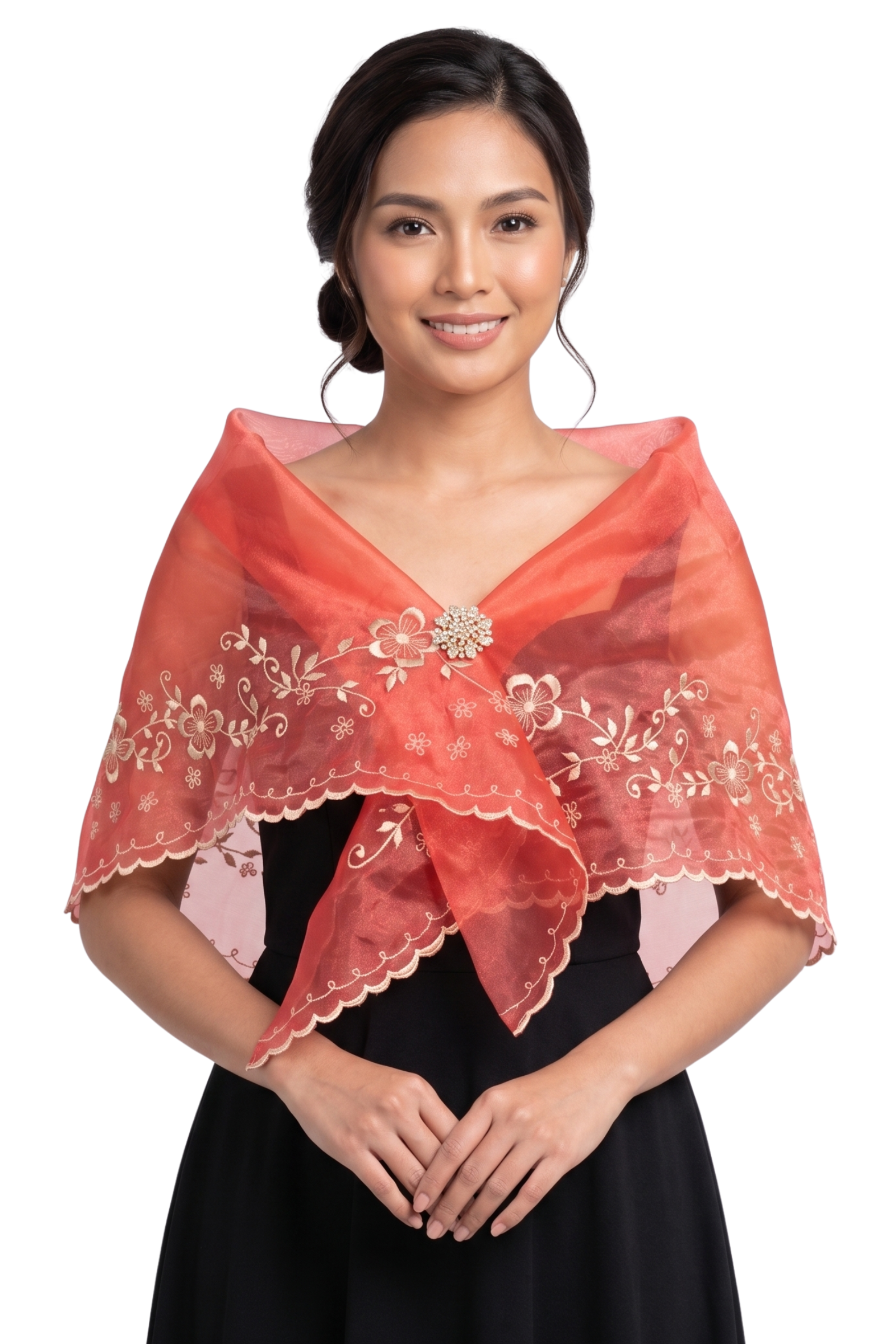 Red Organza Elegant Filipiniana Alampay - Mary - JB04