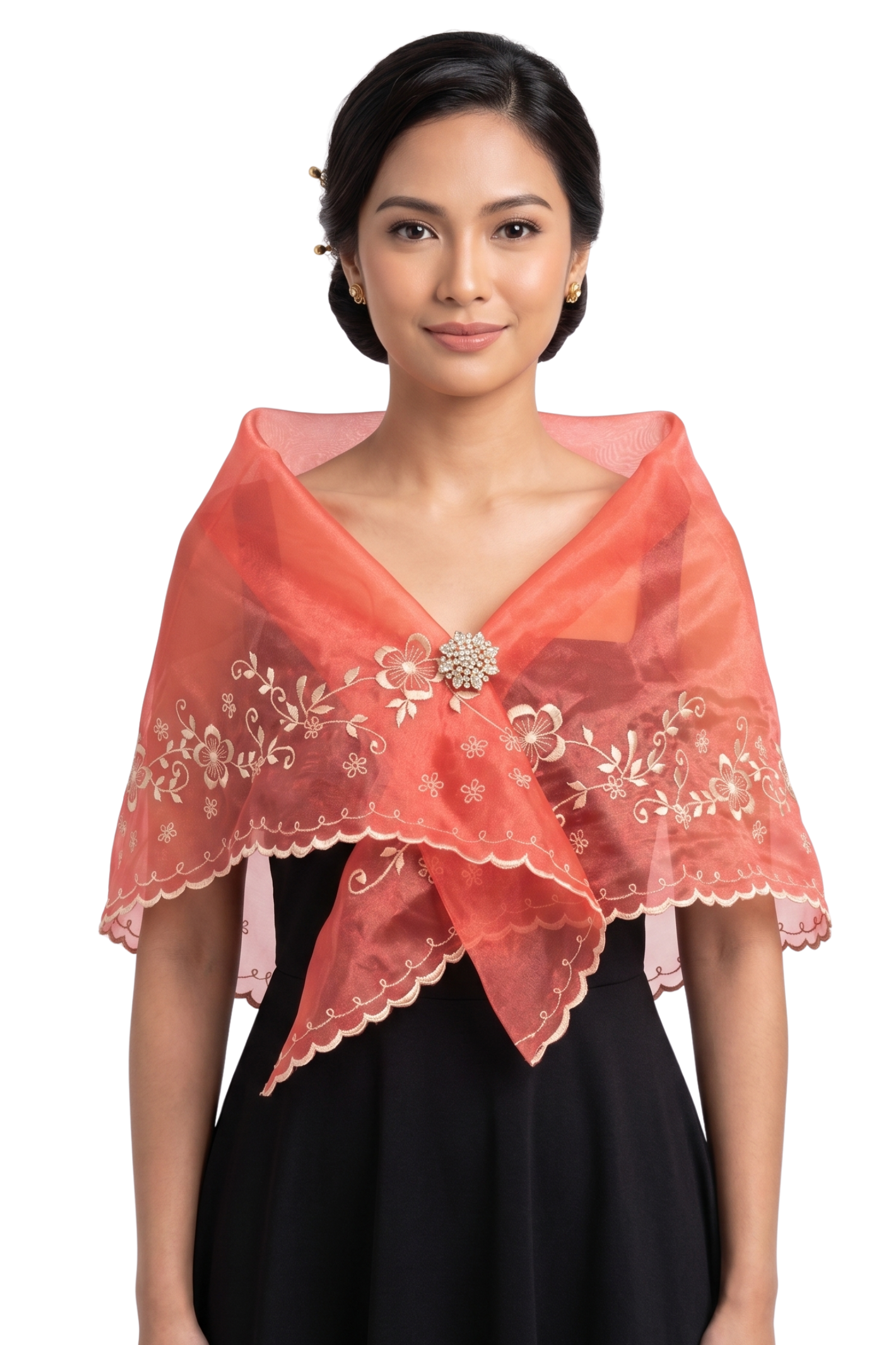 Red Organza Elegant Filipiniana Alampay - Mary - JB04
