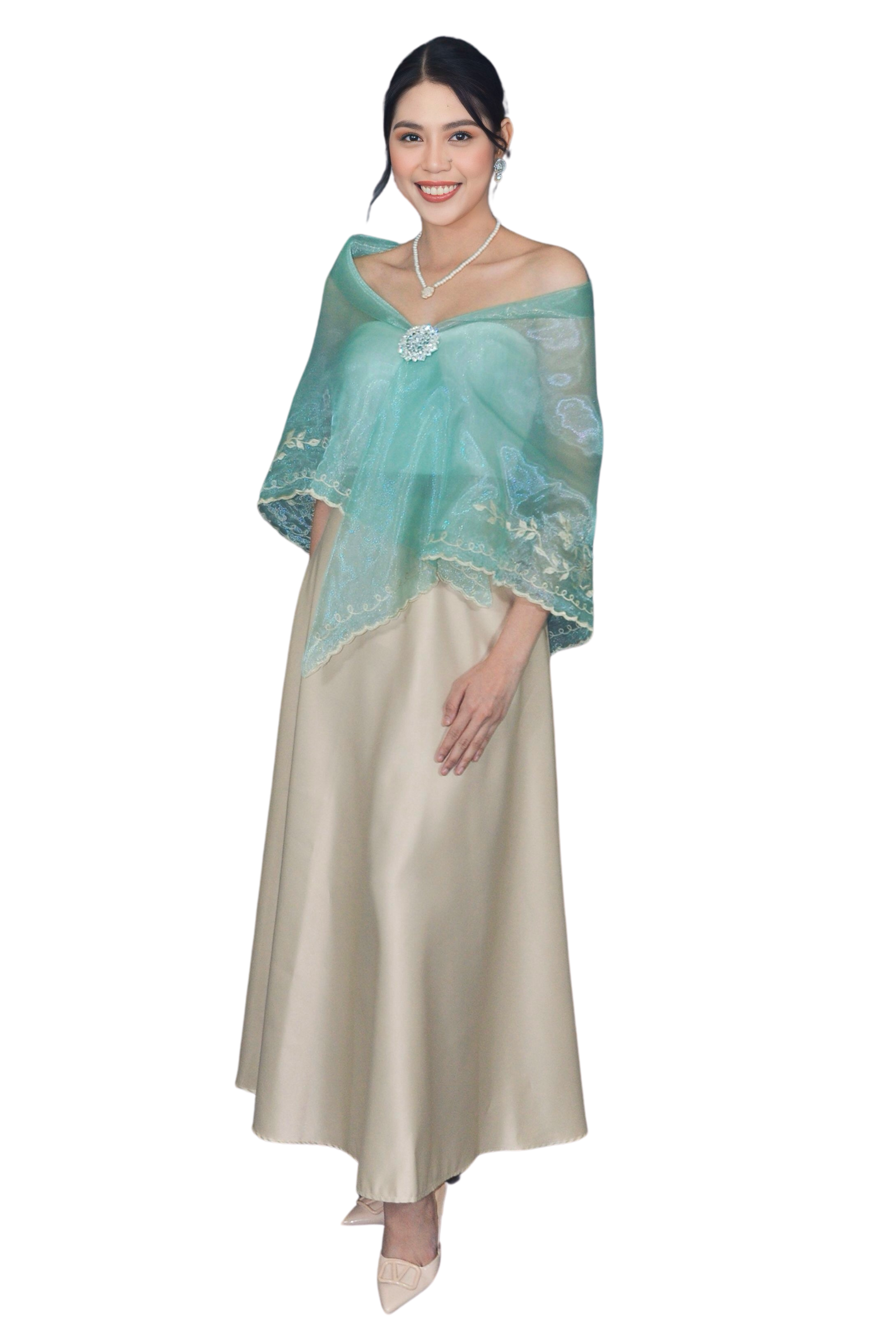 modern filipiniana dress with shawl WA15 - Cutwork Alampay Beige