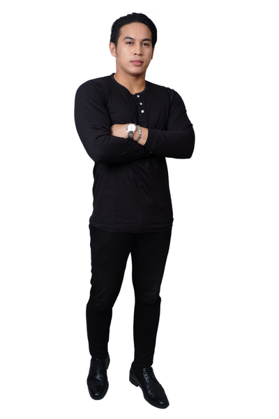 Black Camisa De Chino | Barong Tagalog Undershirt Long Sleeve | JB004