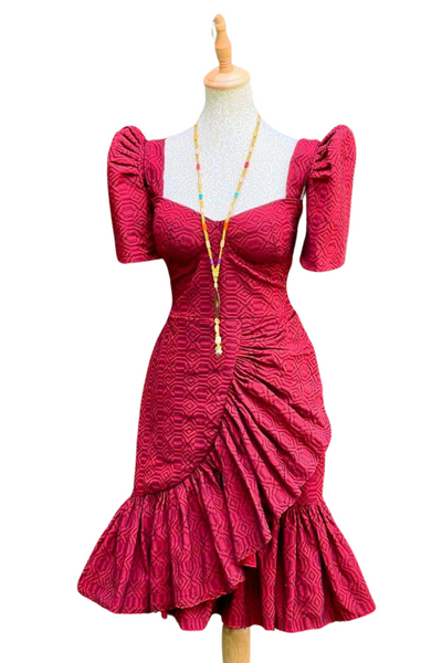 Handwoven Red Kundiman Pinilian Filipiniana Dress - Kyla DM07