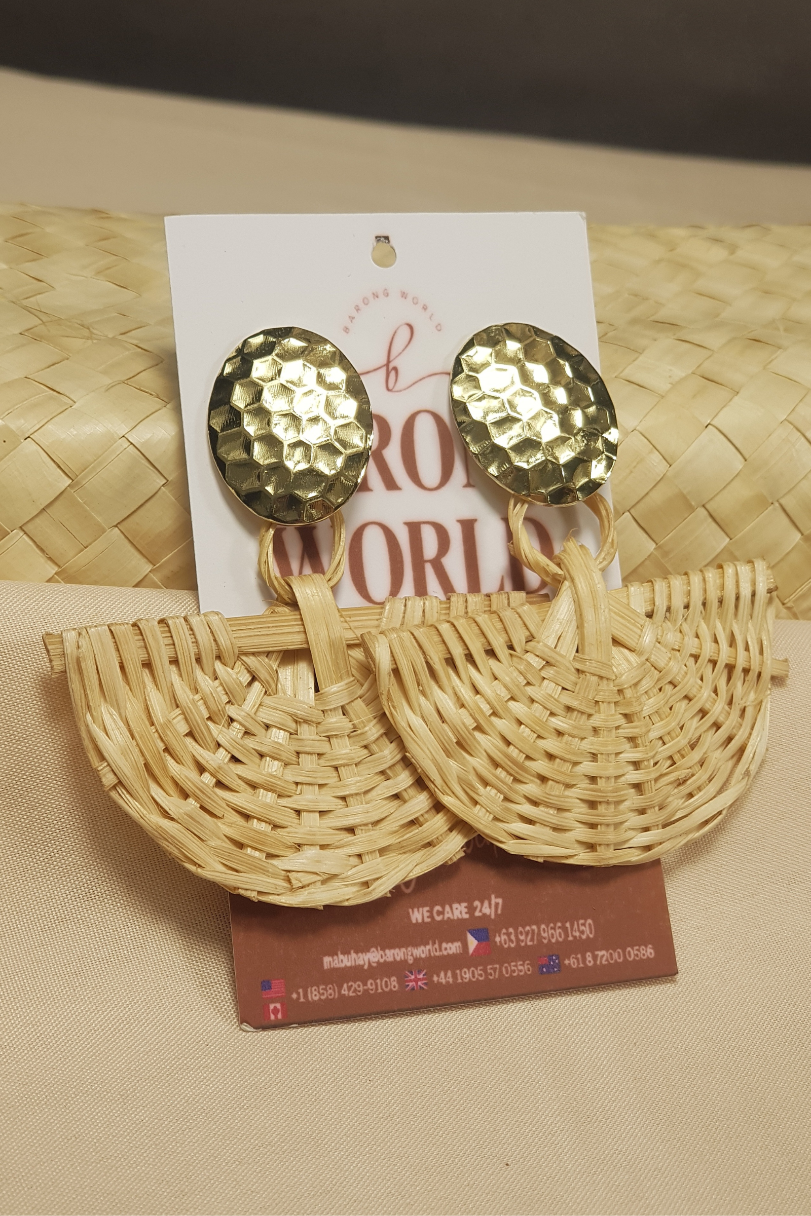 Handcrafted Woven Rattan Drop Earrings with Hammered Gold Accent I Philippine Accesories