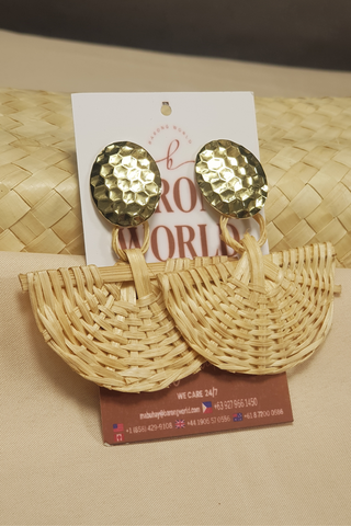 Handcrafted Woven Rattan Drop Earrings with Hammered Gold Accent - LZ006