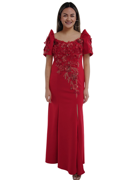 Women's Neoprene Red Premium Mestiza Filipiniana Long Gown - Rosa - MR26