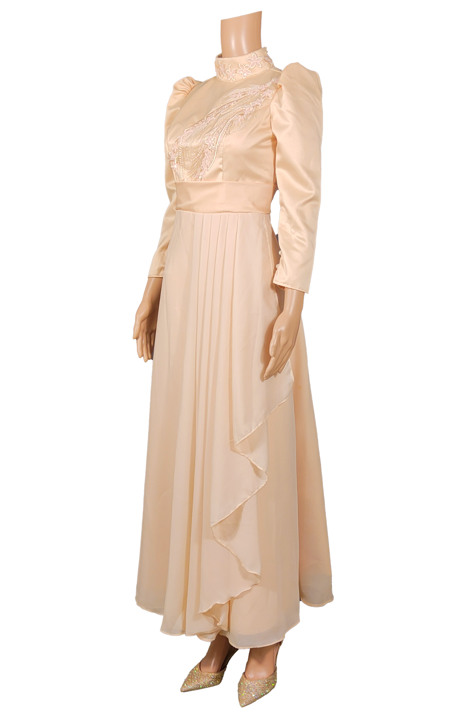 Elegant Long-Sleeve Filipiniana Dress with Flowing Pleats