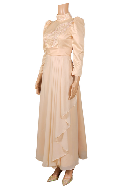 Elegant Long-Sleeve Filipiniana Dress with Flowing Pleats - Shyvana - JK50