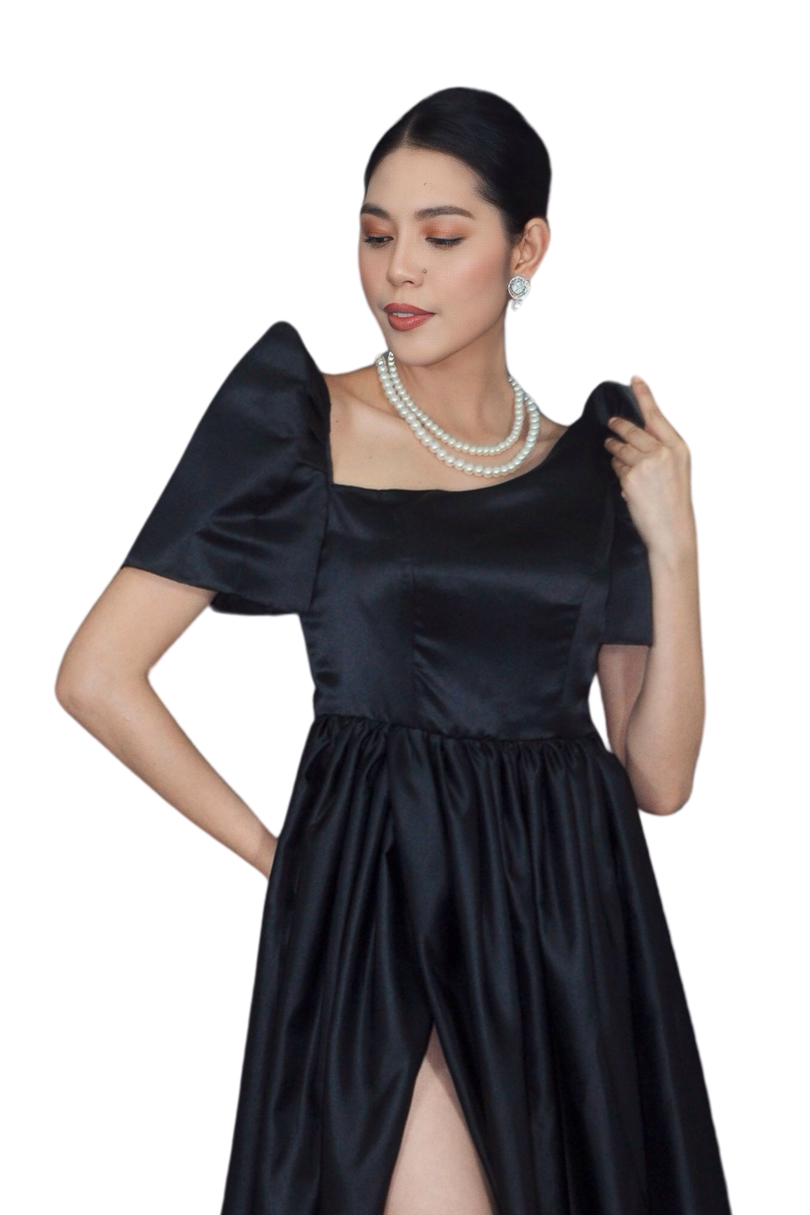 Elegant Midnight Black Modern Filipiniana Long Gown with Slit