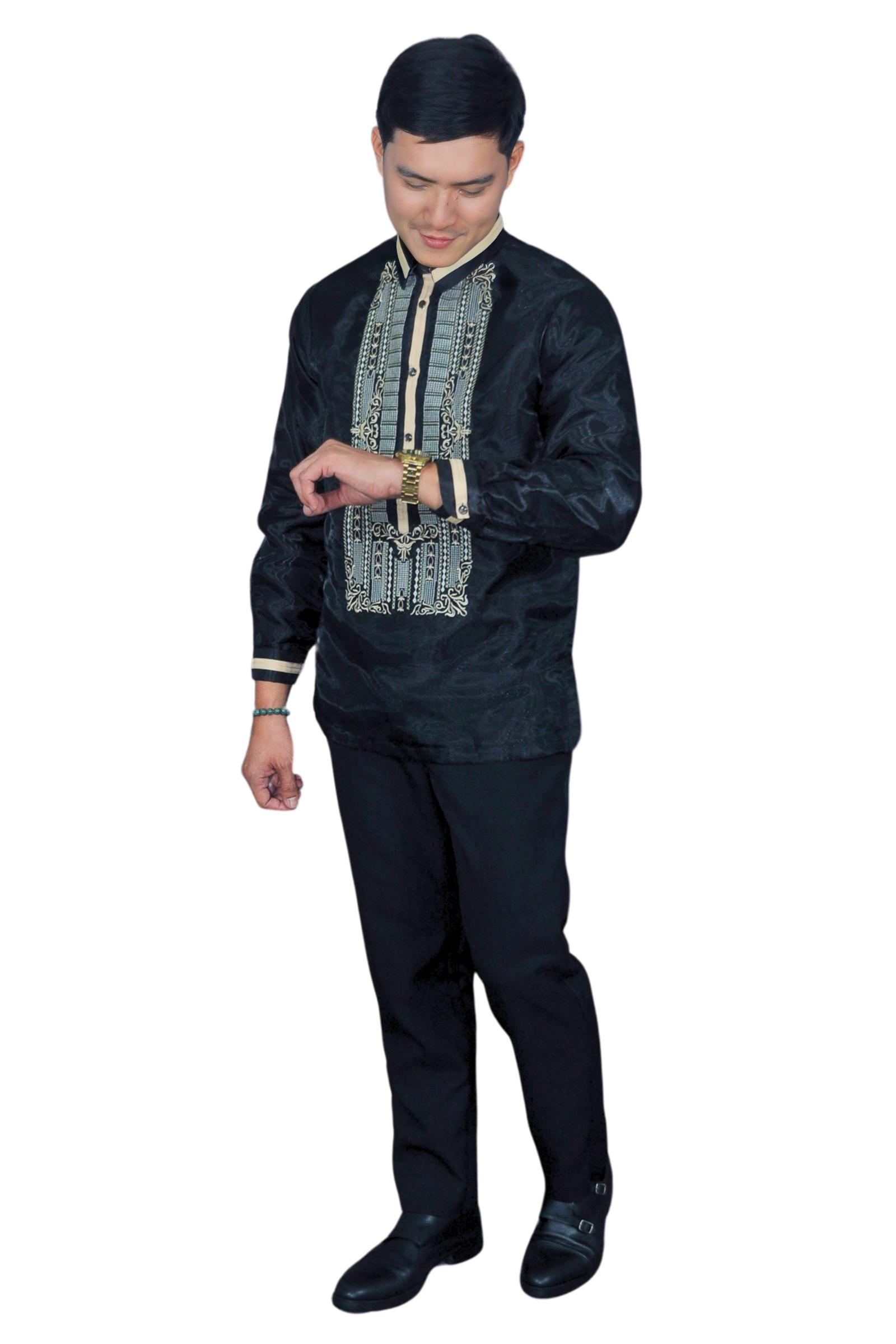 Elegant Black Barong Tagalog with Intricate Embroidery