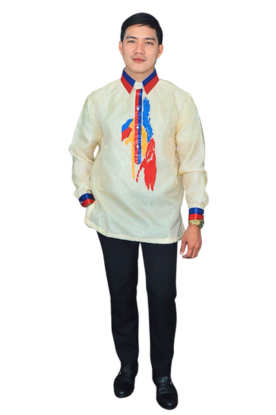 Patriotic Philippine Map Barong Tagalog with Vibrant Collar and Cuffs - Iraya - JK49