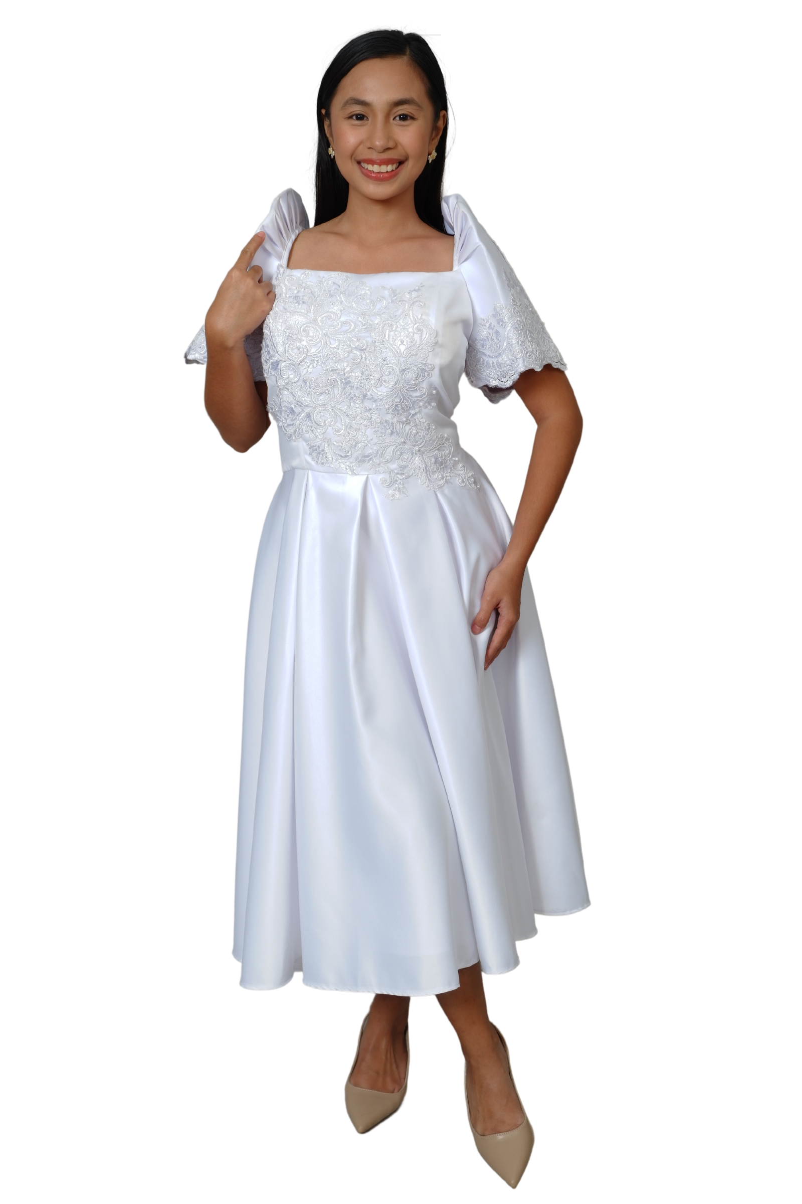 Duchess White Modern Filipiniana Midi Dress - Sally