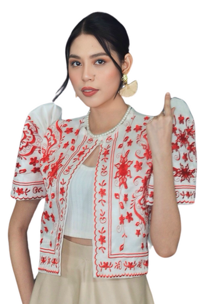 Elegant White Filipiniana Bolero with Floral Design - Dana- JS202