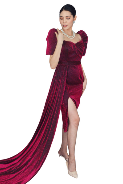 Elegant Burgundy Velvet Filipiniana Dress - Cornelia - JB802