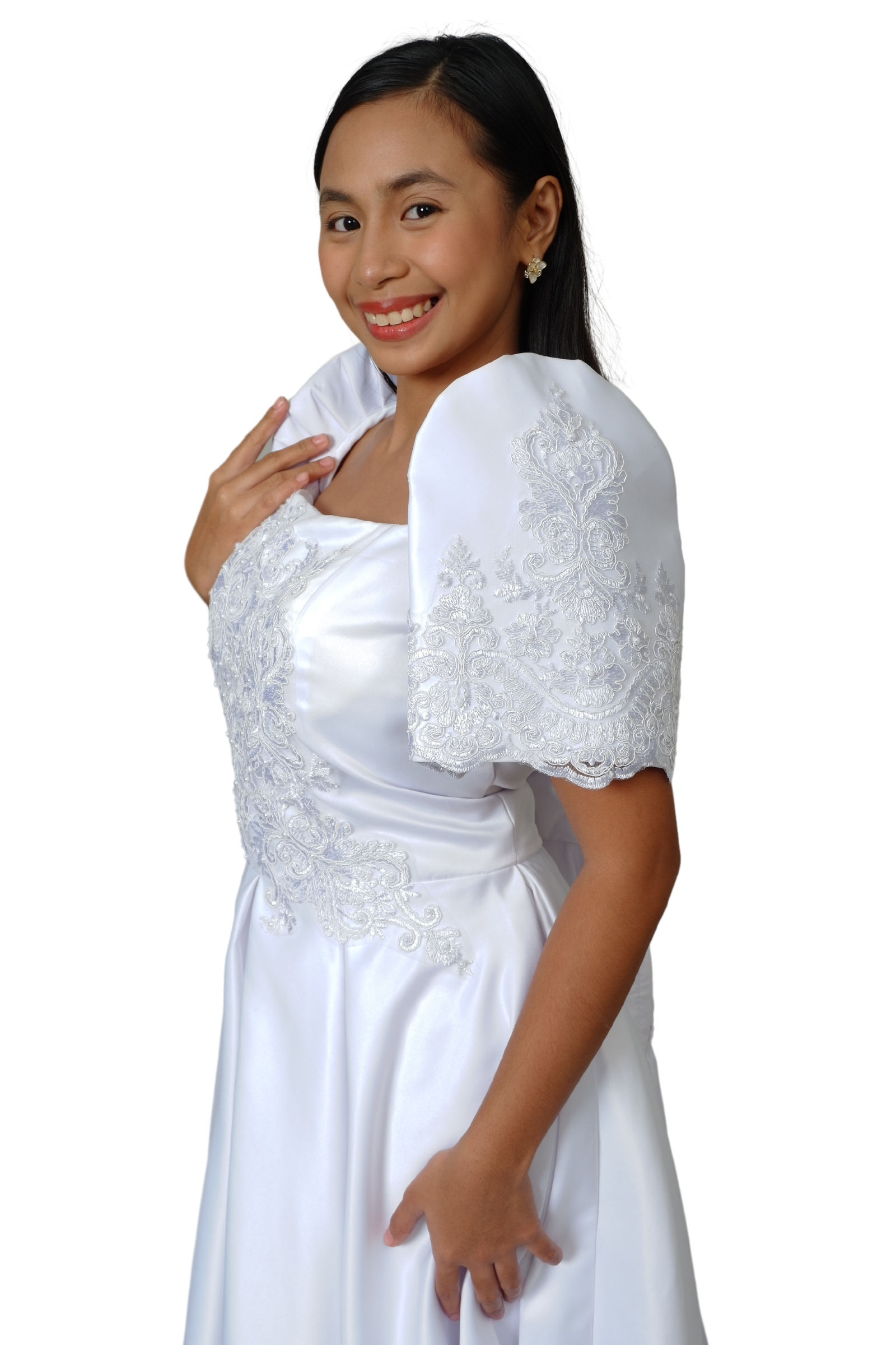 Duchess White Modern Filipiniana Midi Dress - Sally - JB301 Barong World Duchess White Modern Filipiniana Midi Dress - Sally - JB301 Barong World