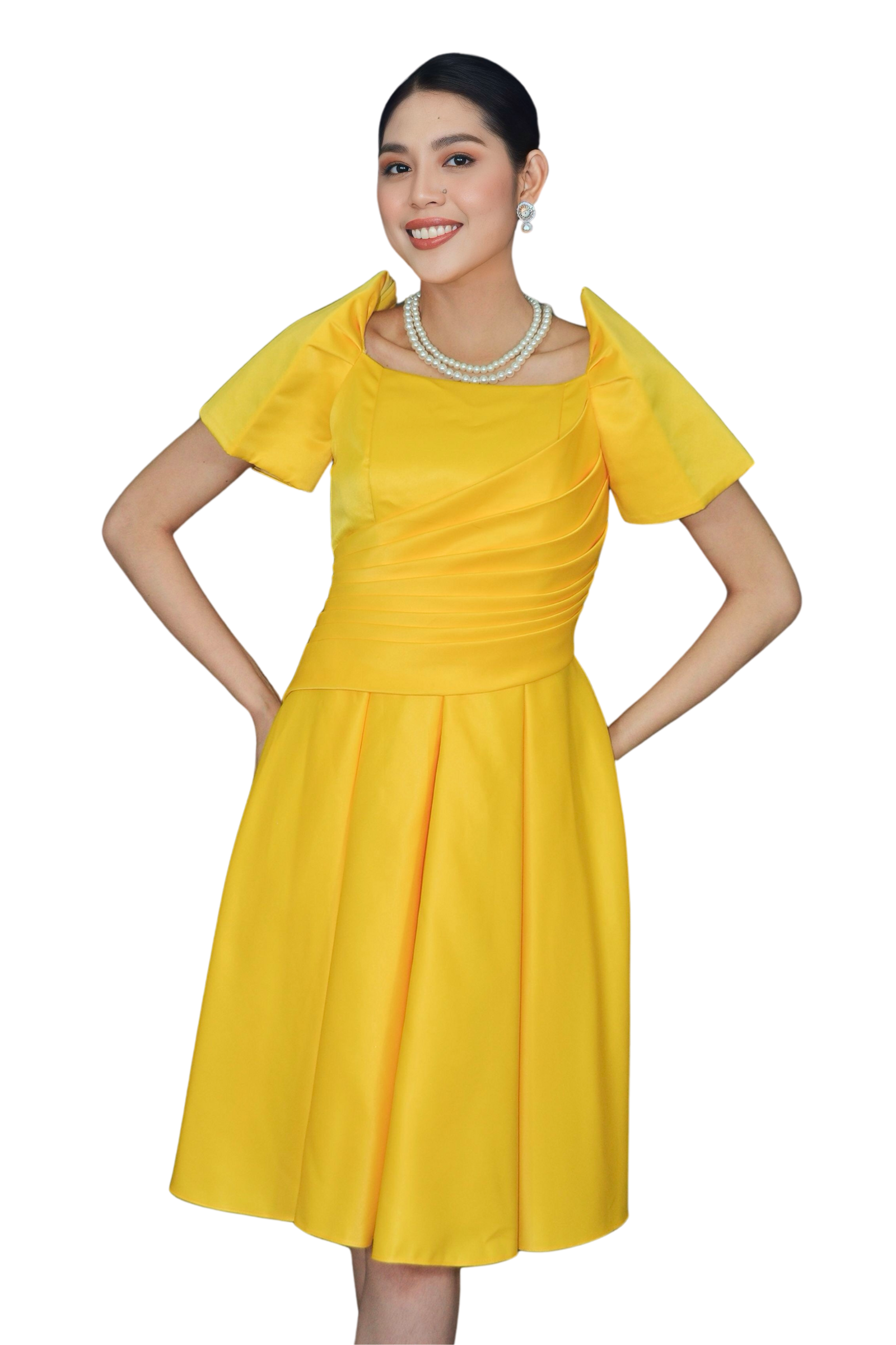 Satin Yellow Modern Filipiniana Midi Dress