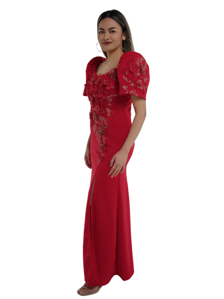 Neoprene Red Premium Mestiza Filipiniana Long Gown - Rosa - Size Large CL450