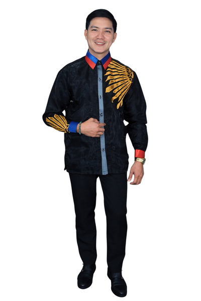 Patriotic Collar Embroidered "Sinag" Black Barong Tagalog - Robin - JK46