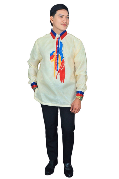 Patriotic Philippine Map Barong Tagalog with Vibrant Collar and Cuffs - Iraya - JK49