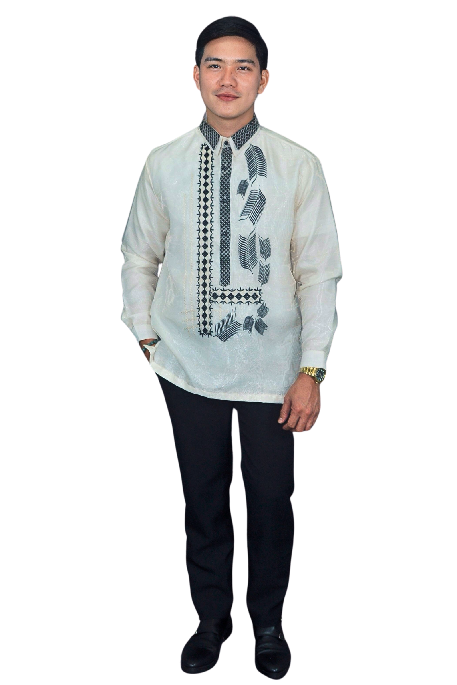 Modern Barong Tagalog with Black Embroidery Accents