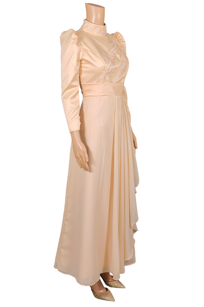 Elegant Long-Sleeve Filipiniana Dress with Flowing Pleats - Shyvana - JK50