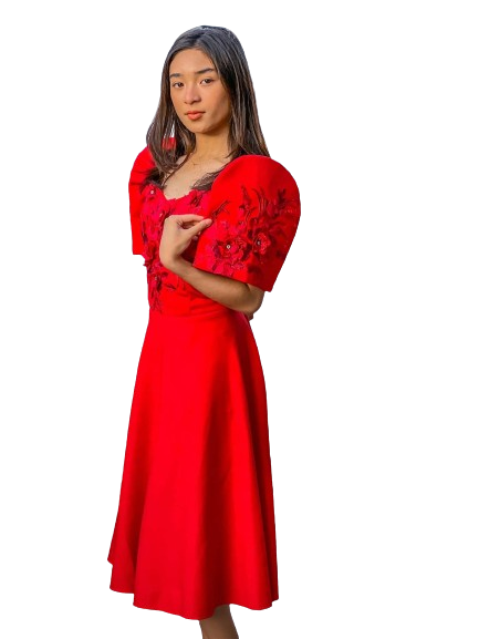 Neoprene Red Filipiniana Midi Gown Rose JBN1