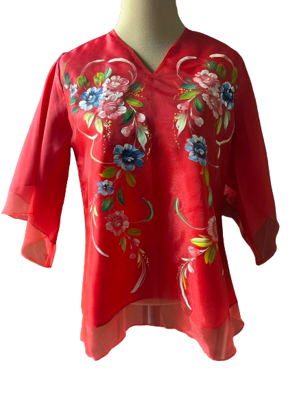 Hand Painted Red Organza Top - Dalisay - Size XL CL158