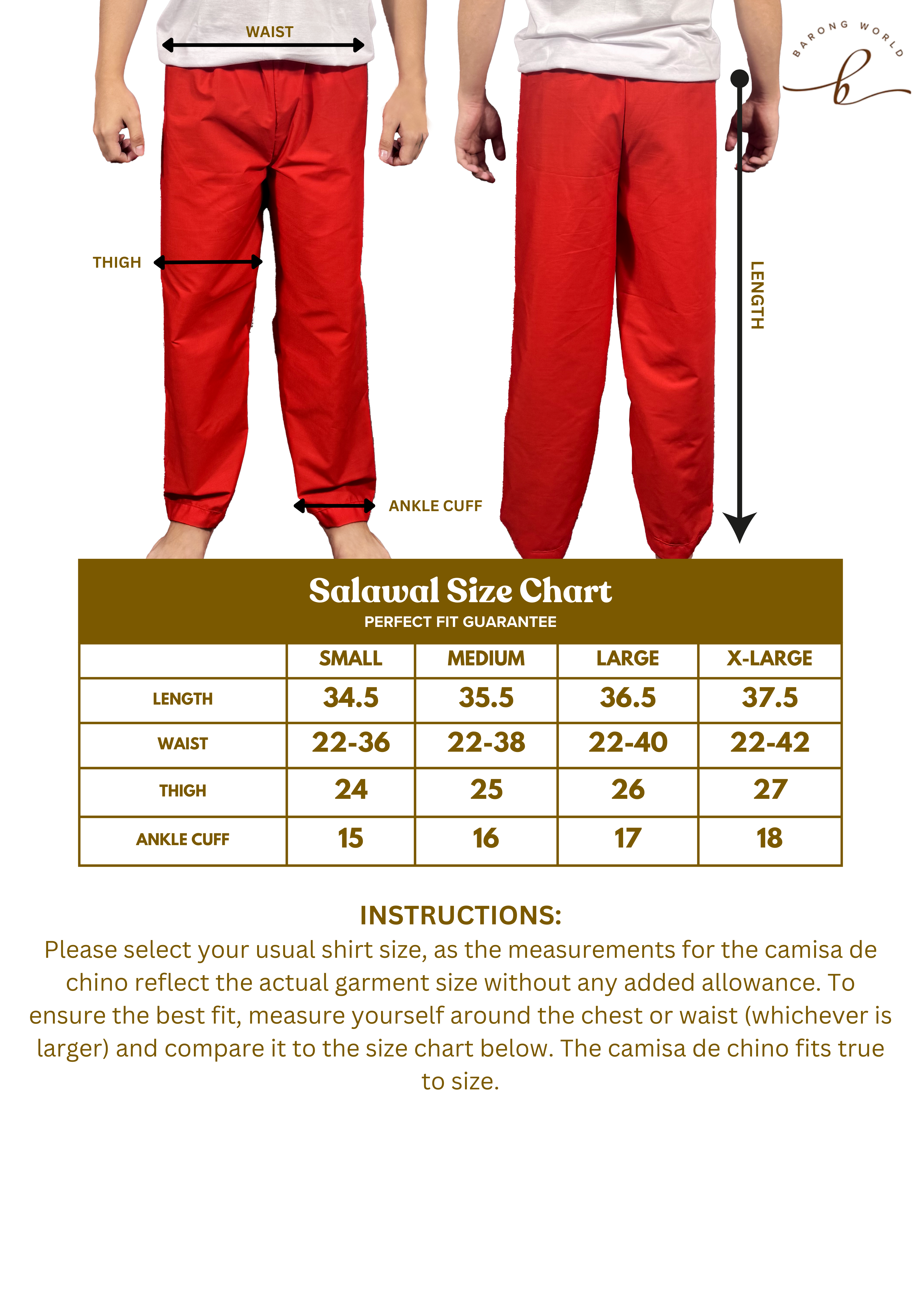 Salawal Size Chart