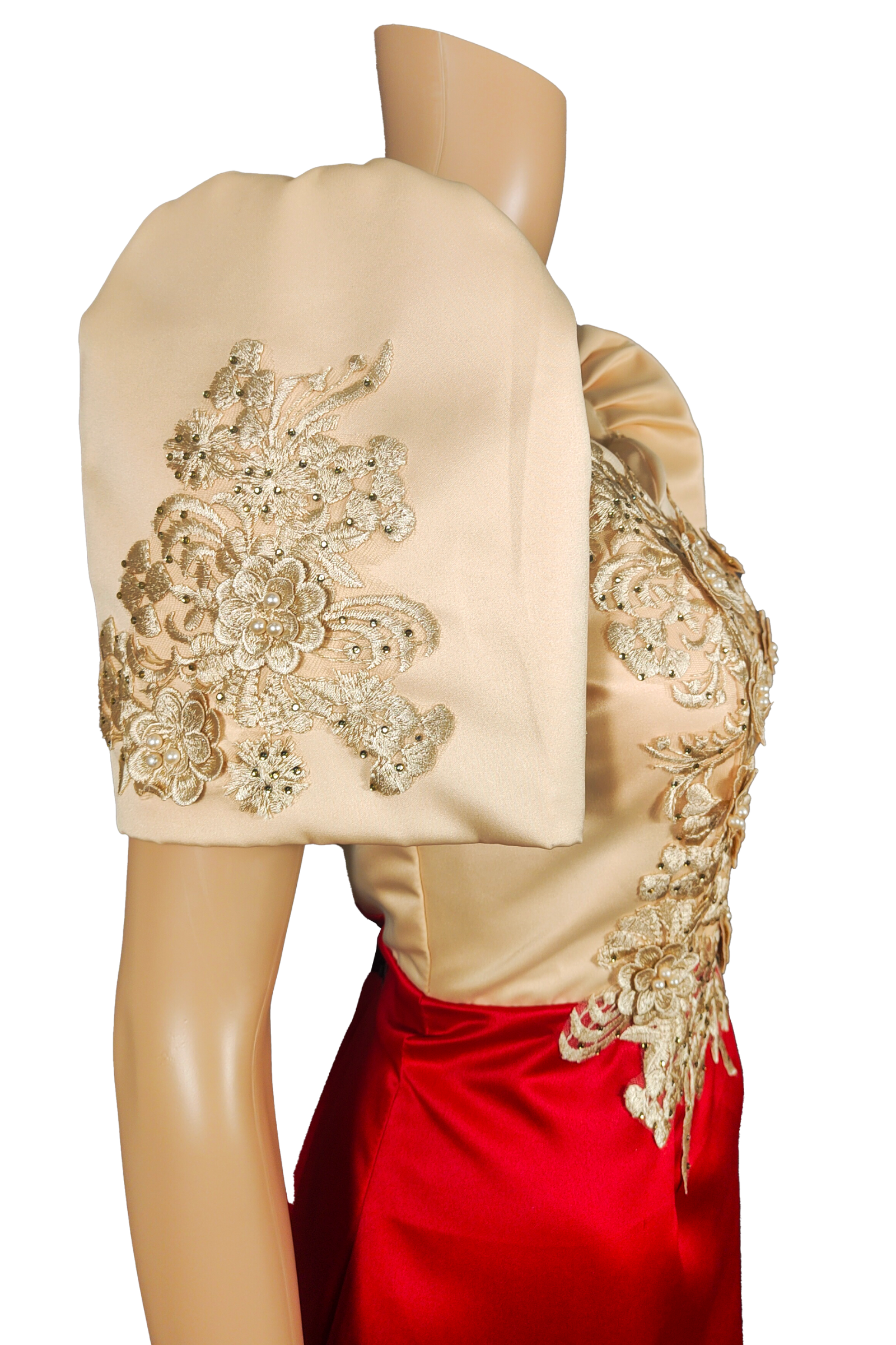 Elegant Beige and Red Modern Filipiniana Duchess Lace Dress