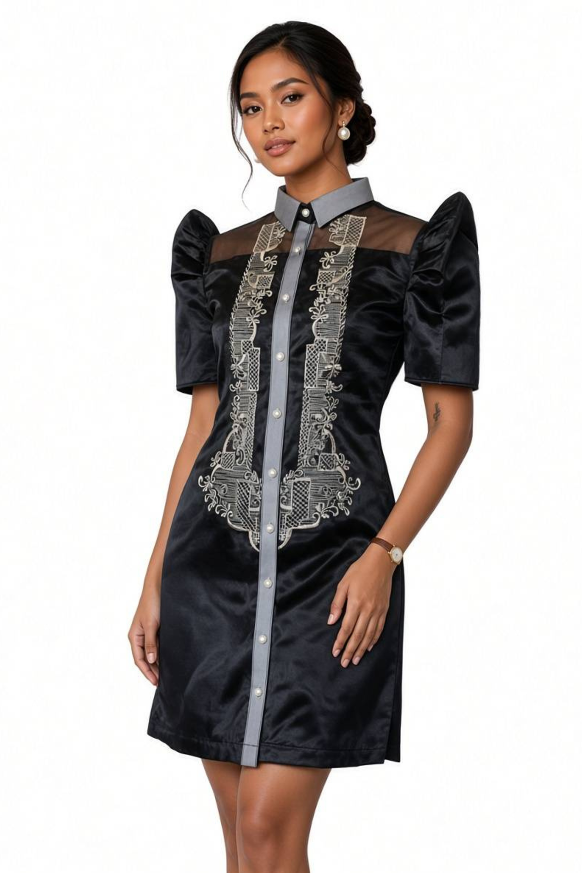 Organza Black Filipiniana Barong Dress - Phie - JF011