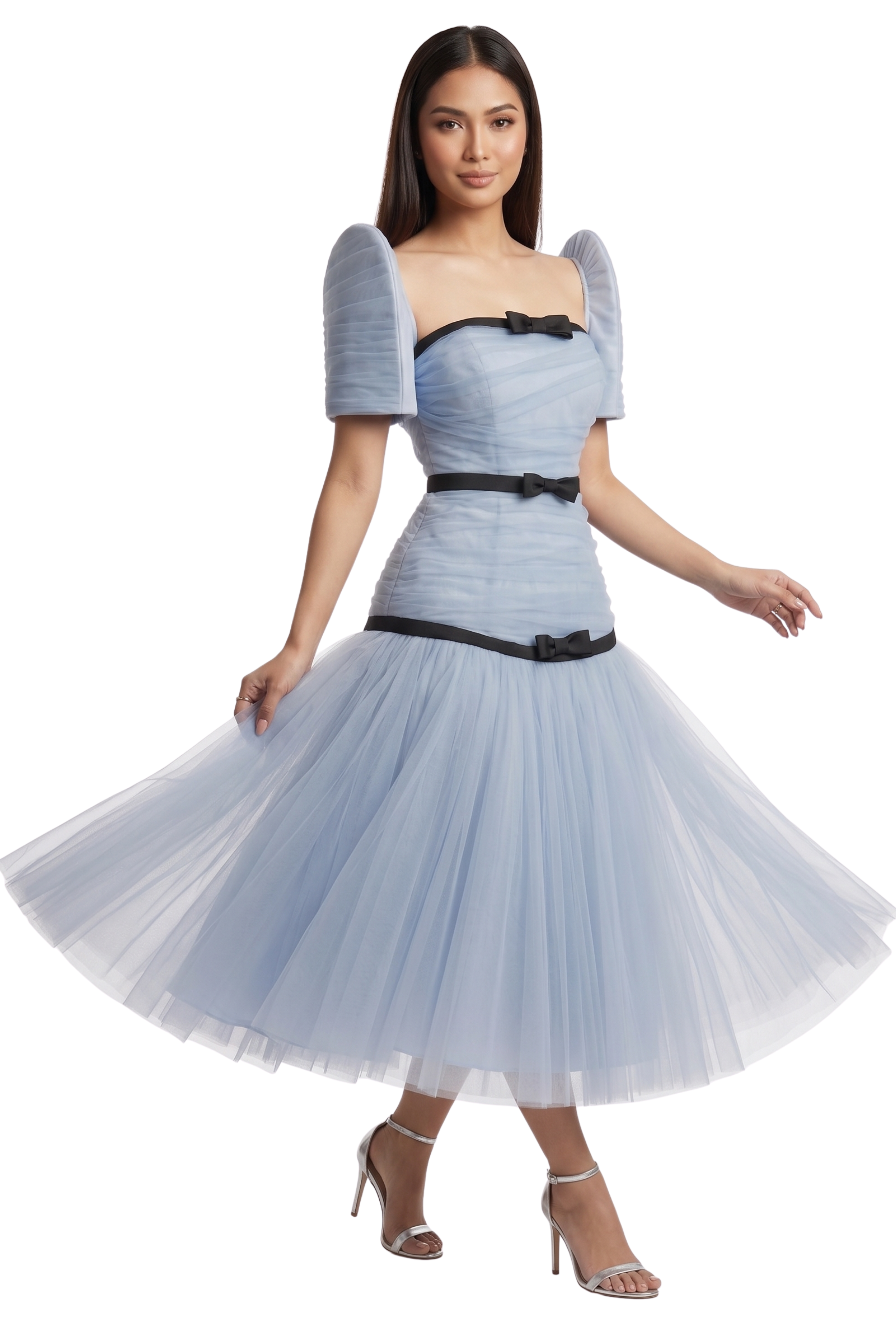 Premium Tulle Filipiniana Midi Dress Celeste - SF009