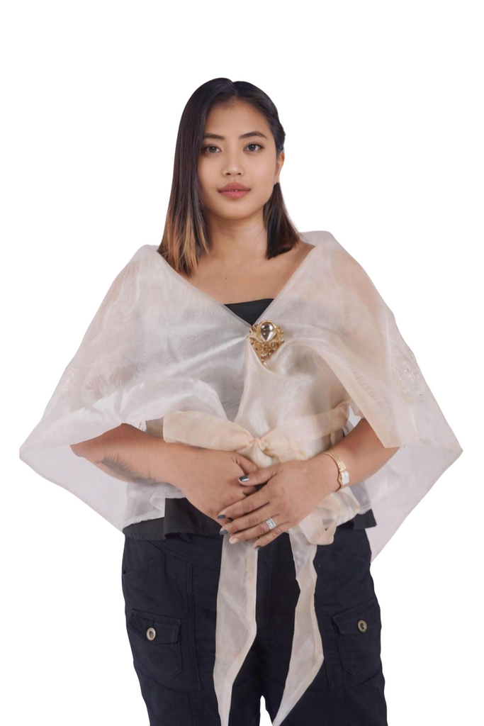Organza Beige Embroidered Filipiniana Panuelo - JV219